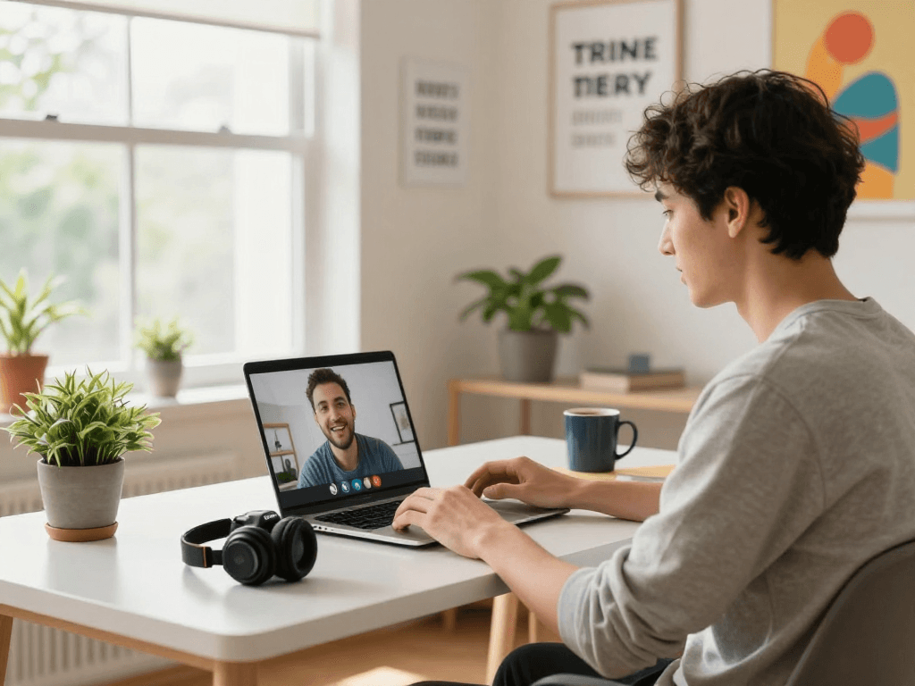 Engaging random chat scene in a cozy home office with a person on a video call