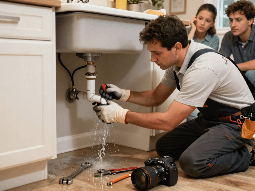 Emergency plumber Fort Worth fixing a burst pipe in a residential kitchen during a plumbing crisis.