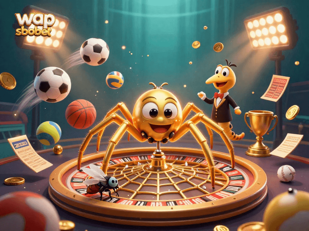Place bets confidently with wap sbobet on a vibrant, dynamic gambling scene featuring a spider and sports balls.