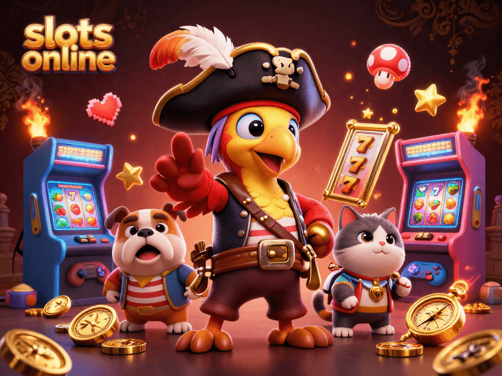 Engage with slots online featuring a vibrant pirate scene complete with slot reels and casino elements.