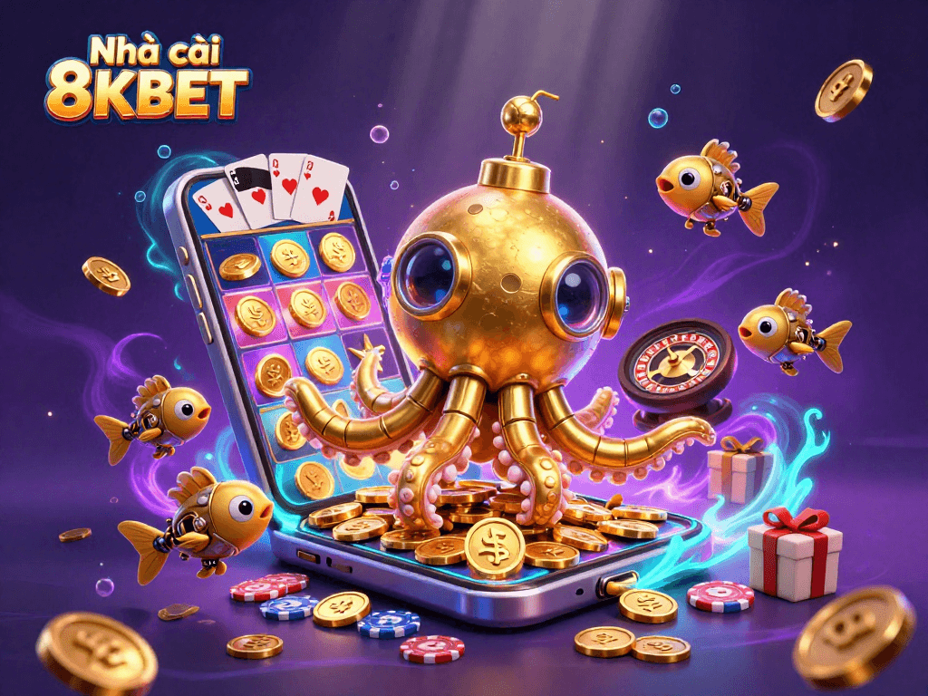 Experience thrill with Nhà cái 8KBET in a vibrant underwater scene filled with gold coins and casino excitement.