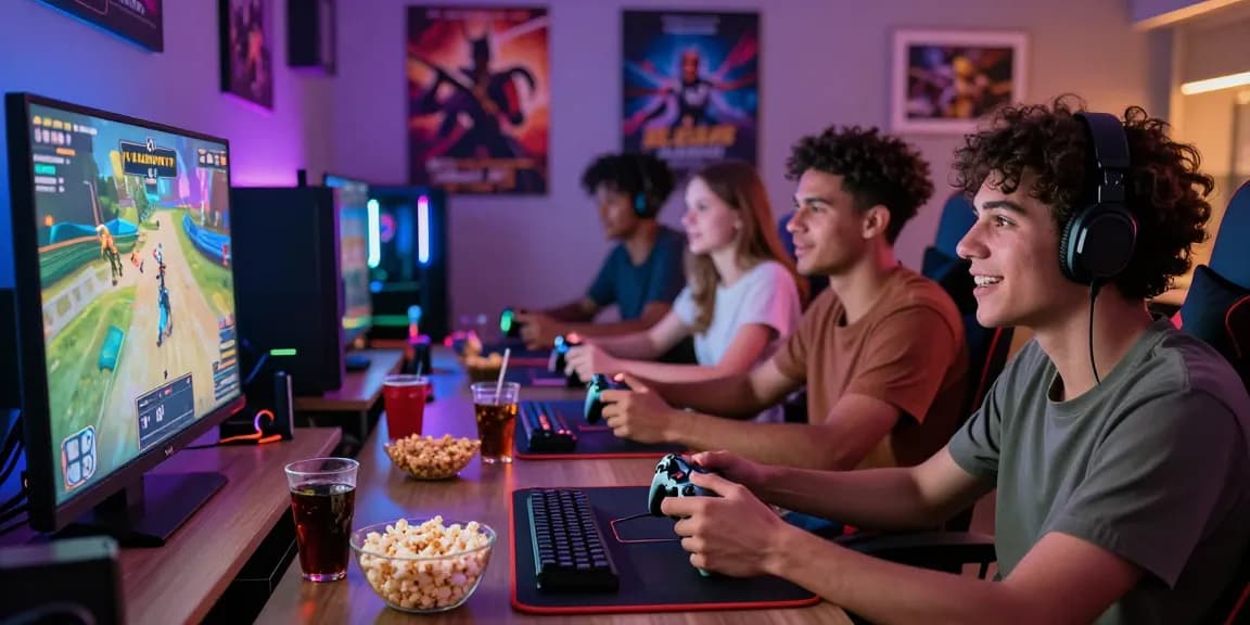Group of friends enjoying a gaming night featuring lucky77 on screen with vibrant decor and snacks.