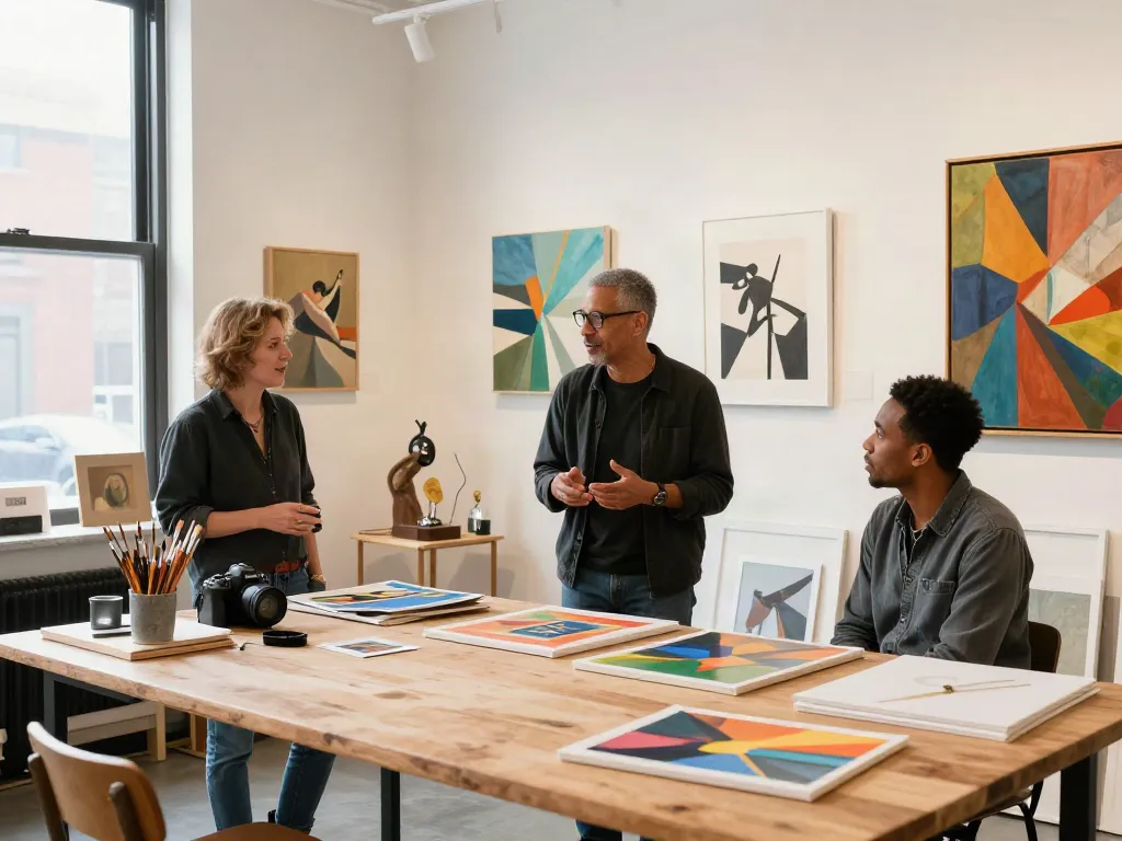 Bruce Bailey Toronto in art studio engaging with emerging artists surrounded by vibrant contemporary artworks.