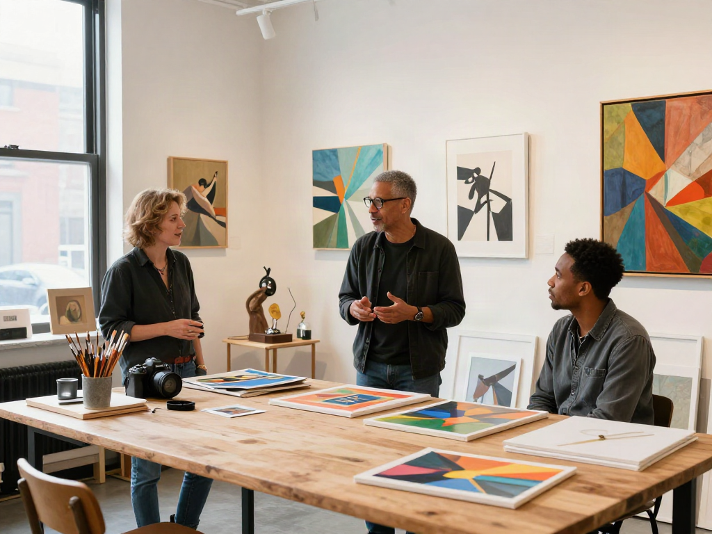 Bruce Bailey Toronto in art studio engaging with emerging artists surrounded by vibrant contemporary artworks.
