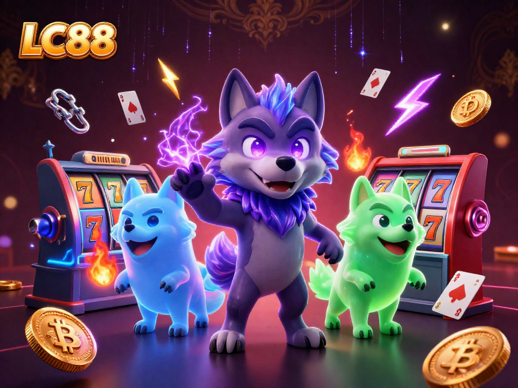 Experience LC88's thrilling world with ghostly wolves, slot machines, and glowing cryptocurrency coins.