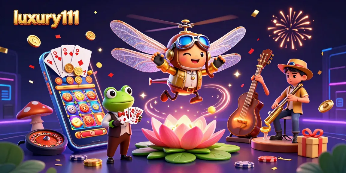 Experience excitement in luxury111 with a lively casino scene featuring a dragonfly pilot and a frog croupier.
