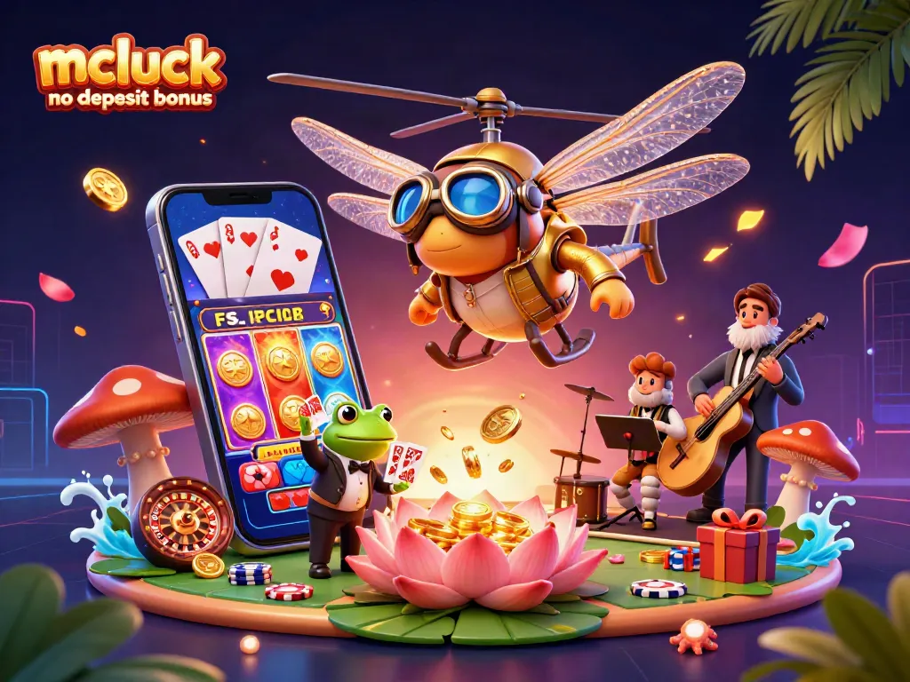 Enjoy the mcluck no deposit bonus with vibrant 3D casino action featuring dragonfly pilot and frog dealer.