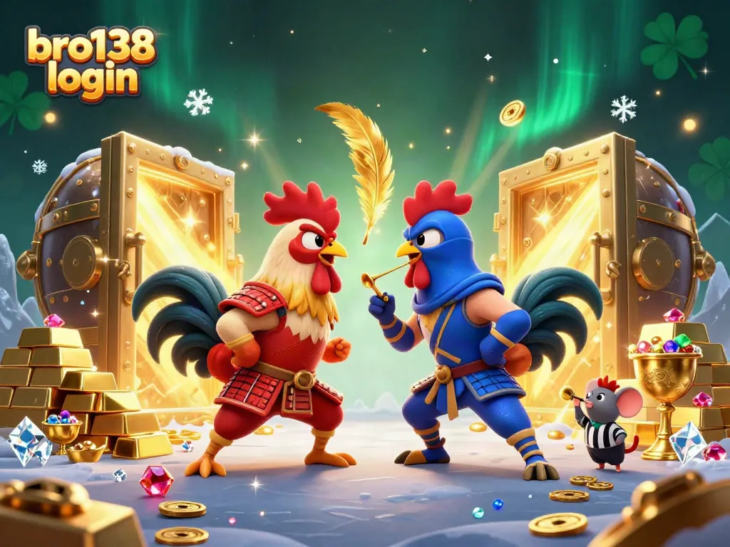 Engage in the excitement of bro138 login with dynamic illustrated roosters battling amongst gold and gems.