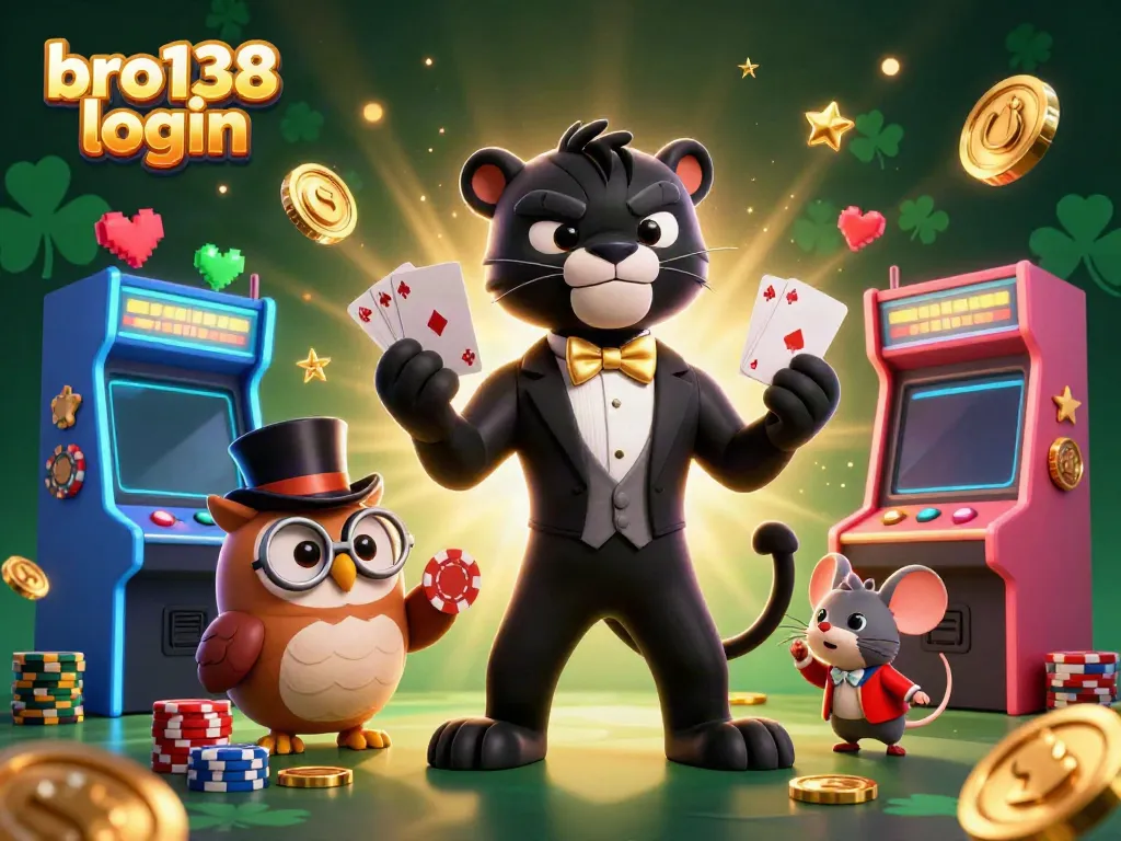 Experience the thrill of gaming with bro138 login in a vibrant 3D casino scene featuring charming characters.