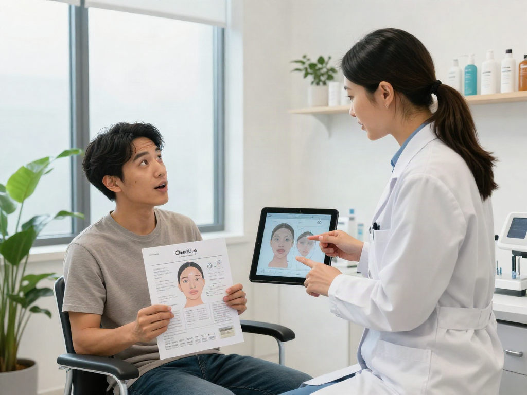 ClinicEvo vs QOVES analysis consultation showing patient receiving personalized facial assessment.