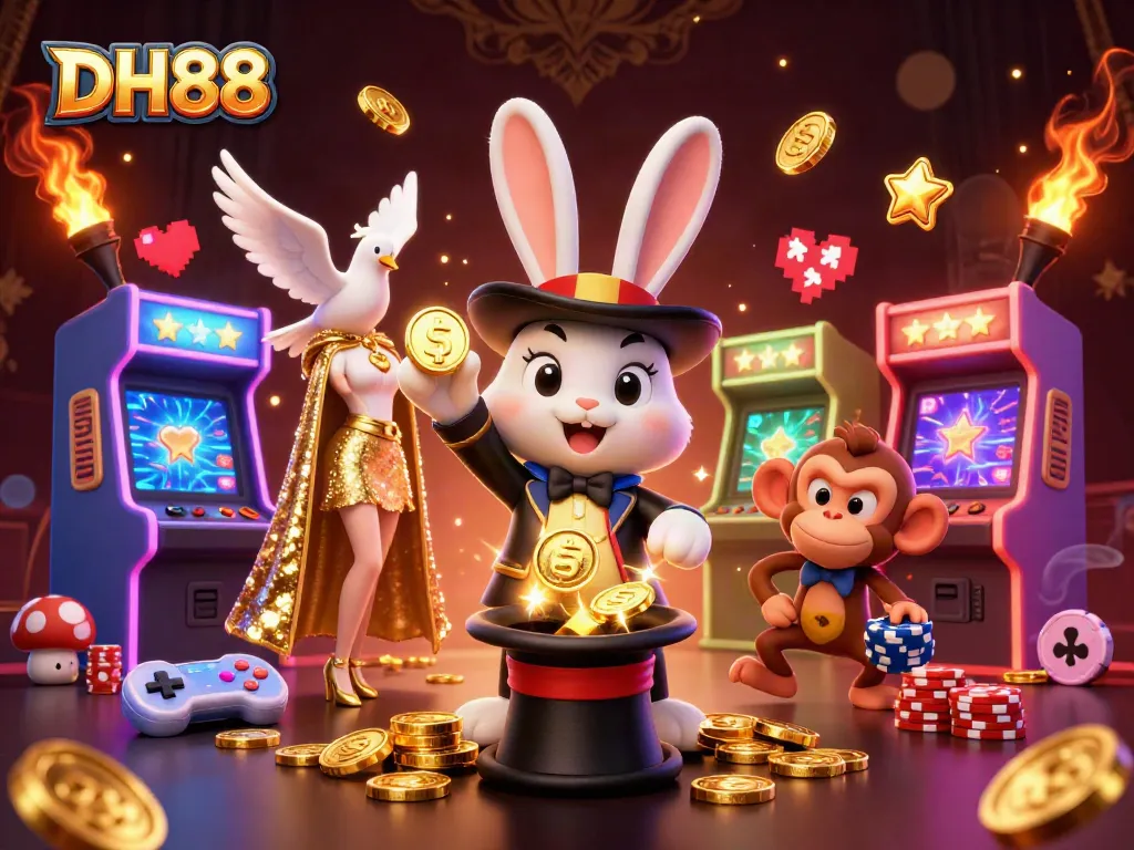 Engage with DH88 while a magician rabbit pulls golden coins amidst a lively casino scene.