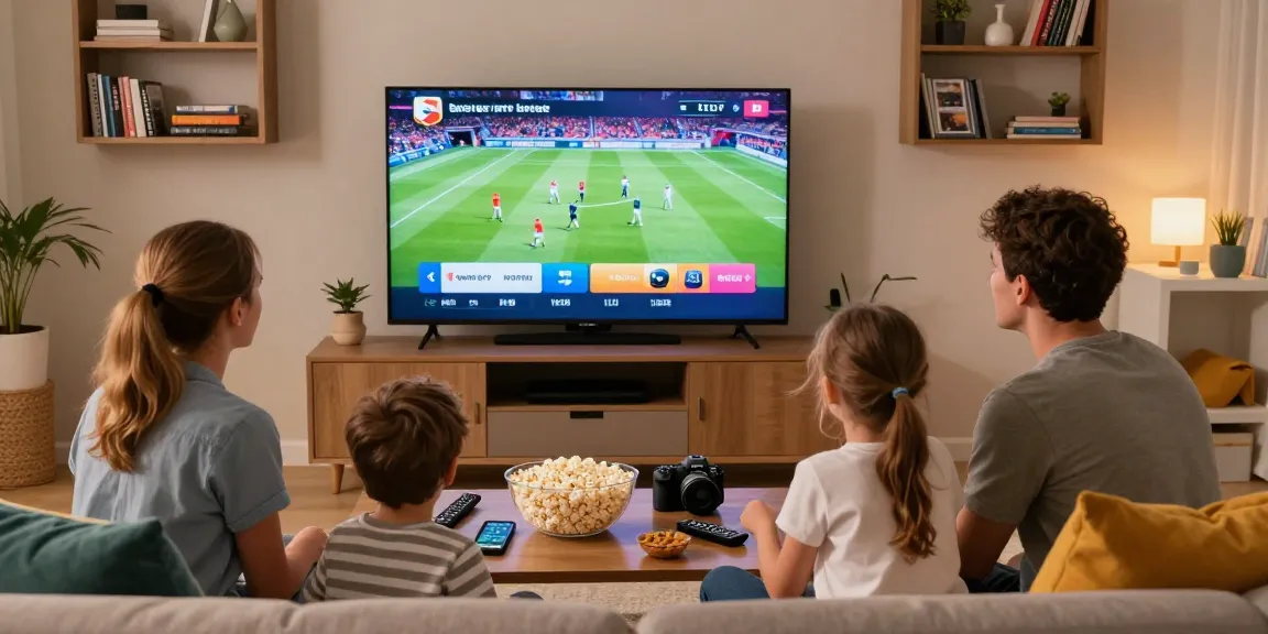 Gezin geniet van de beste IPTV-ervaring met sportevenementen en snacks in hun woonkamer.