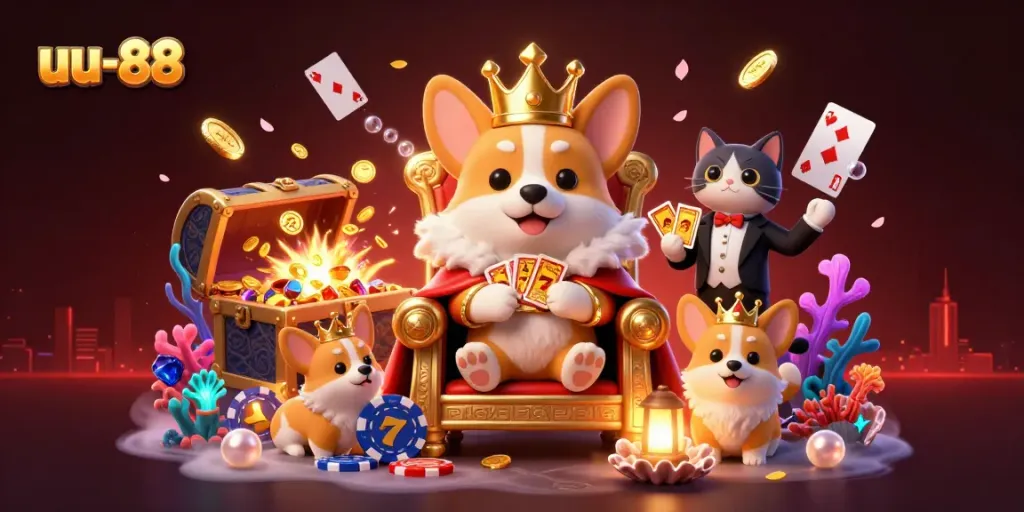 Engage with the thrilling world of uu-88 featuring a royal corgi on a poker chip throne in a vibrant casino scene.