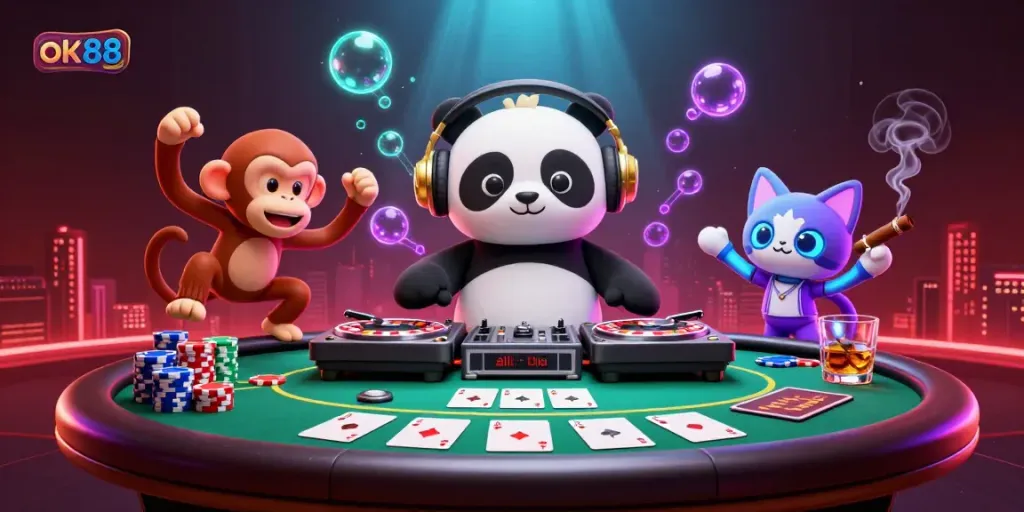 Experience the excitement at ok88 with a DJ panda, monkey, and kitten surrounded by betting elements.
