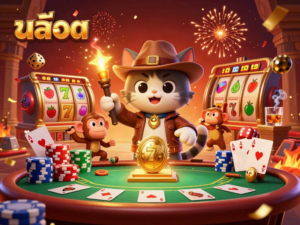 Engage with สล็อต-themed adventure in a vibrant scene featuring an archaeologist cat discovering treasures among giant dice traps.