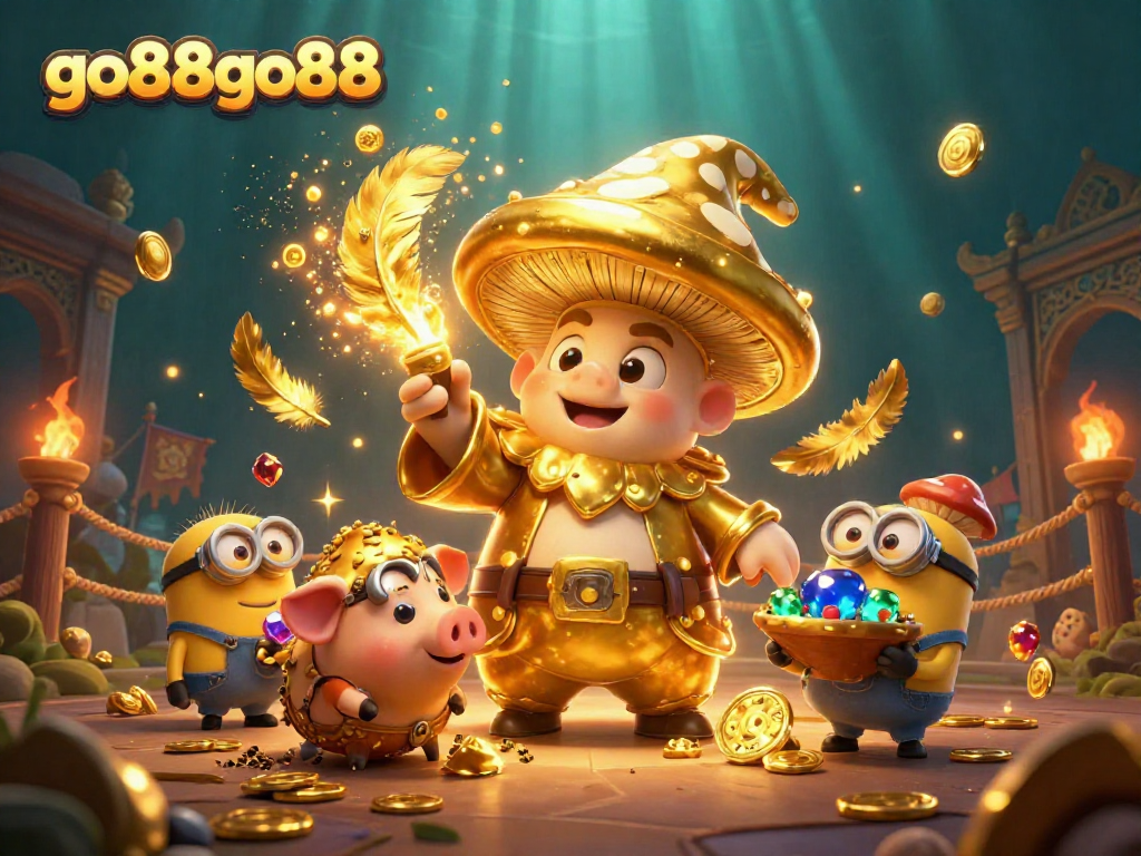 Spin gold fortunes with go88go88 in this vibrant 3D illustration featuring dynamic casino elements.