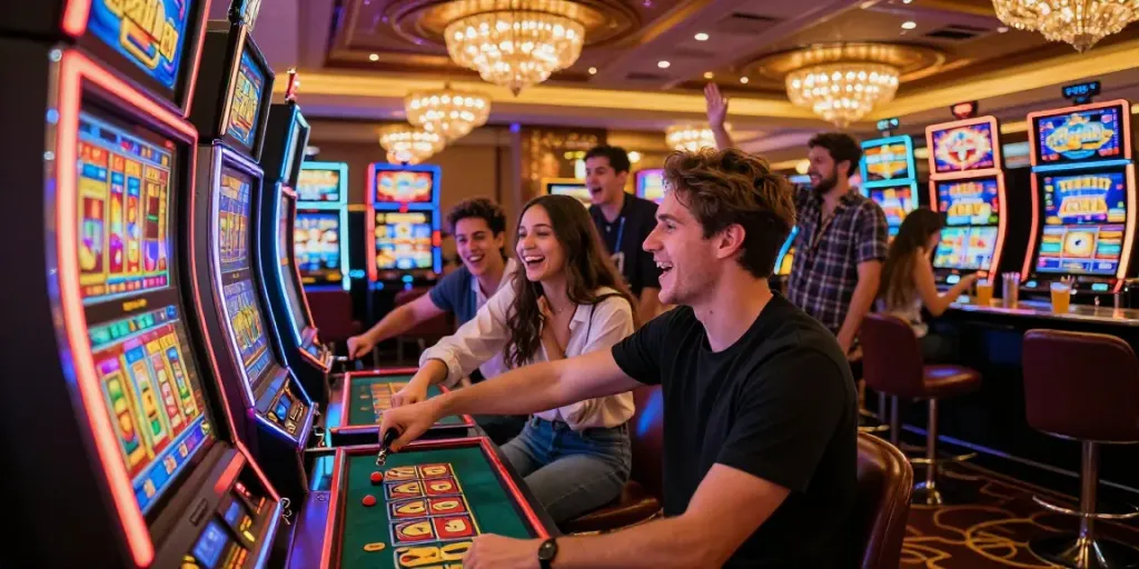 Exciting group of friends enjoying a game of สล็อต in a vibrant casino.