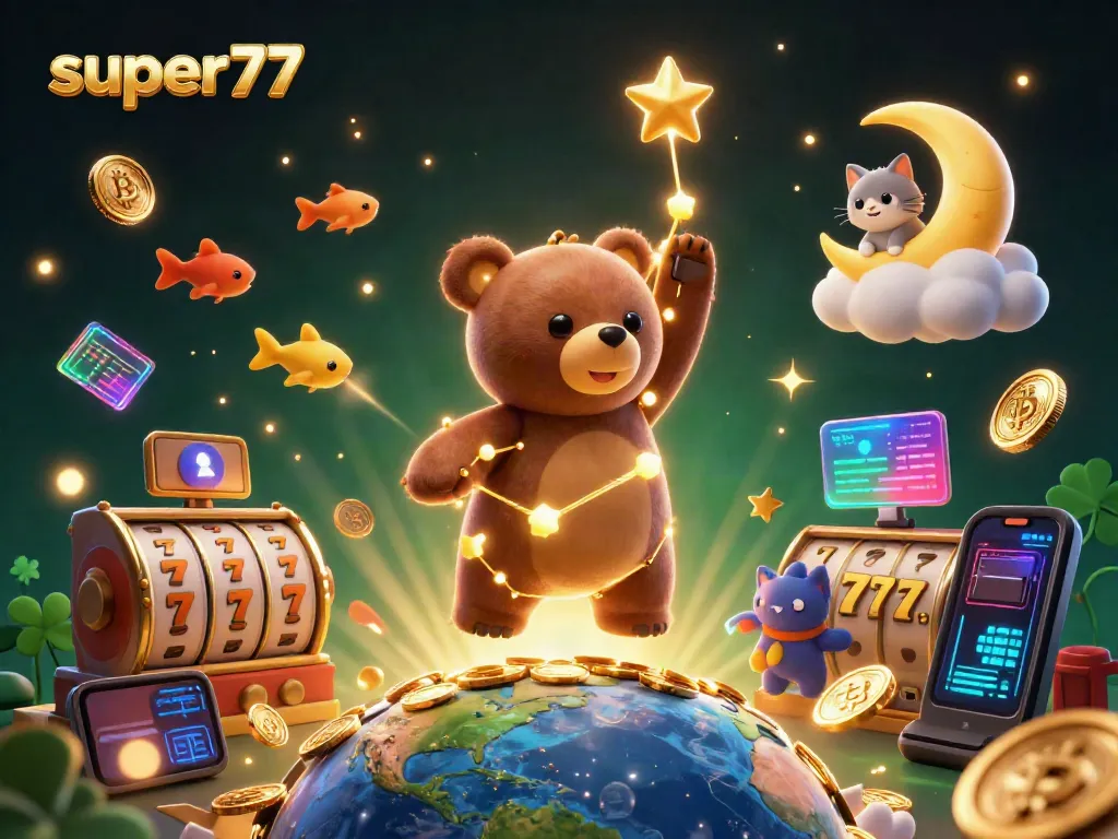 Play slots and win with super77 in this vibrant 3D online casino scene