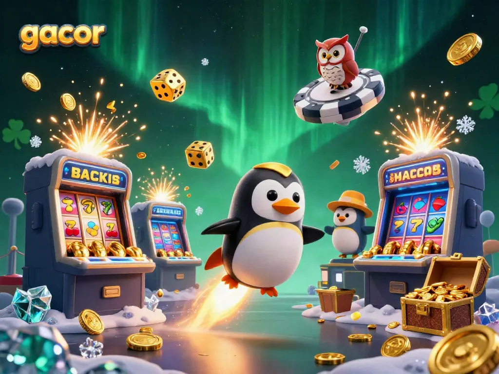 Experience the thrill of gacor slots with a vibrant 3D scene showcasing a rocket-powered penguin and exciting casino elements.