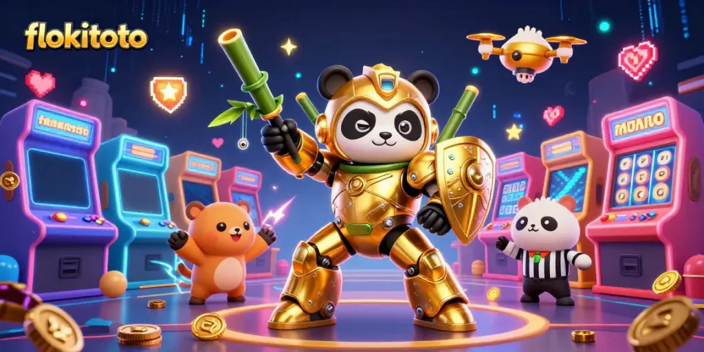 Experience the excitement of online slots with flokitoto's vibrant digital illustration featuring animated characters and game elements.