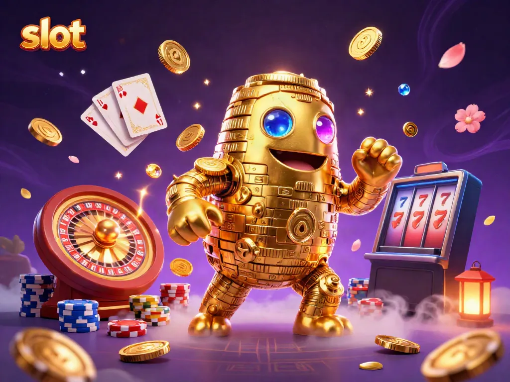 Experience thrilling slot action with vibrant symbols and golden golem in 3D casino illustration.