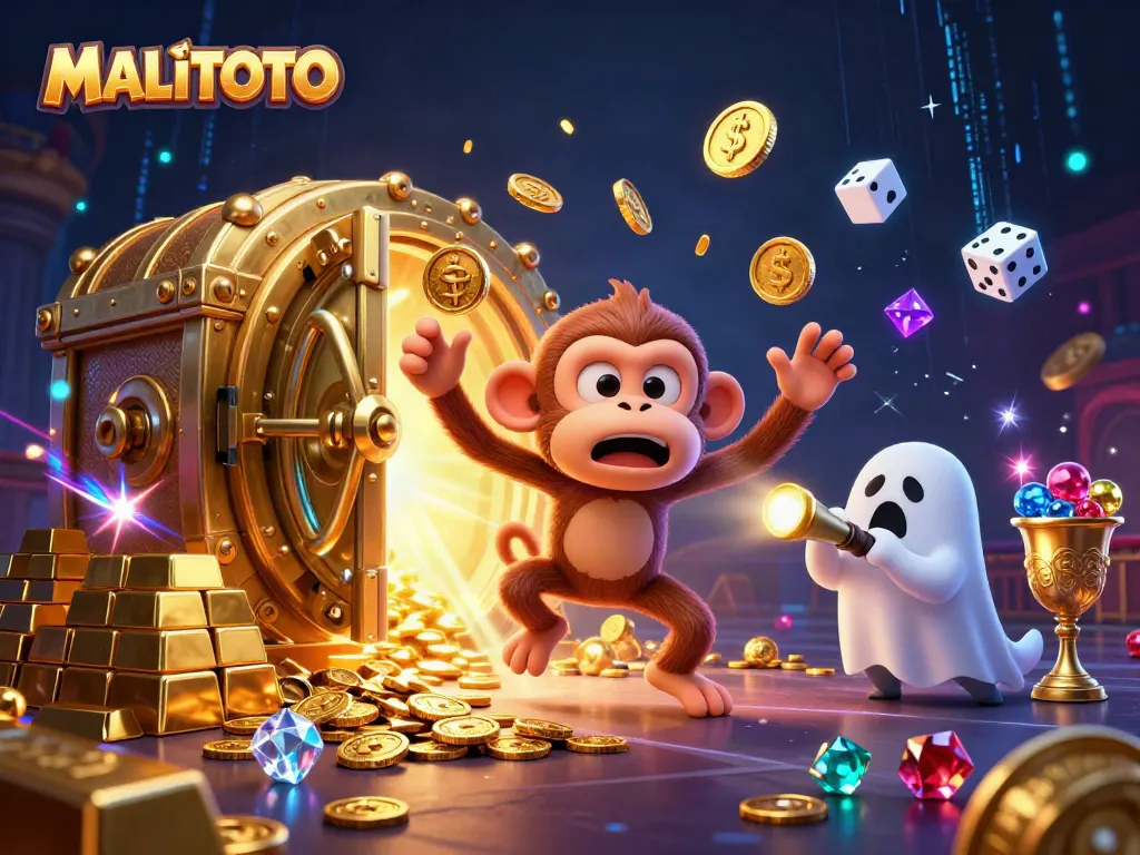 MALITOTO showcases a mischievous poltergeist monkey juggling golden casino elements while a curious ghost-hunter puppy tracks it.