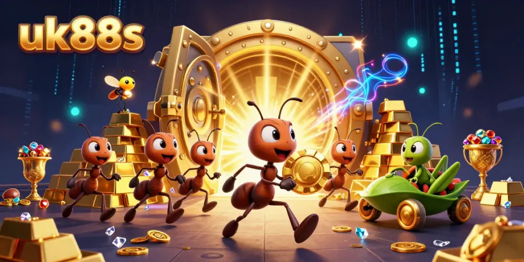 Experience the excitement of uk88s with ants on a heist for golden treasures in a vivid casino setting.
