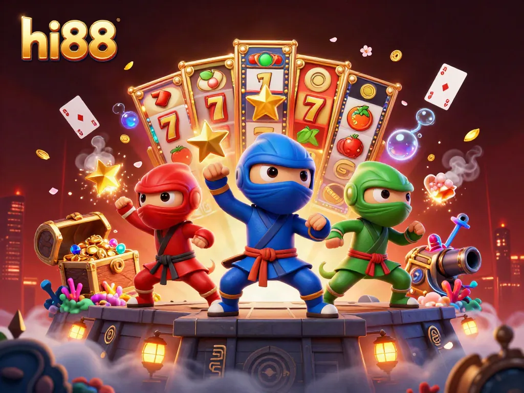 Engage with hi88's vibrant casino scene showcasing thrilling slot machines and dynamic chameleon characters.