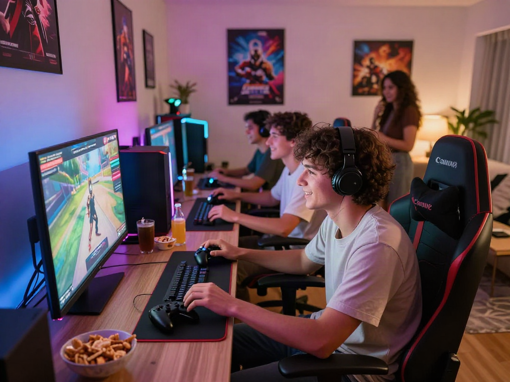 Engaging scene of a person playing porngames with friends in cozy apartment.