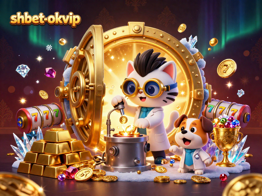 Experience the thrill of gaming with shbet-okvip's vibrant casino scene showcasing a mad scientist cat and loyal dog amidst golden treasures.
