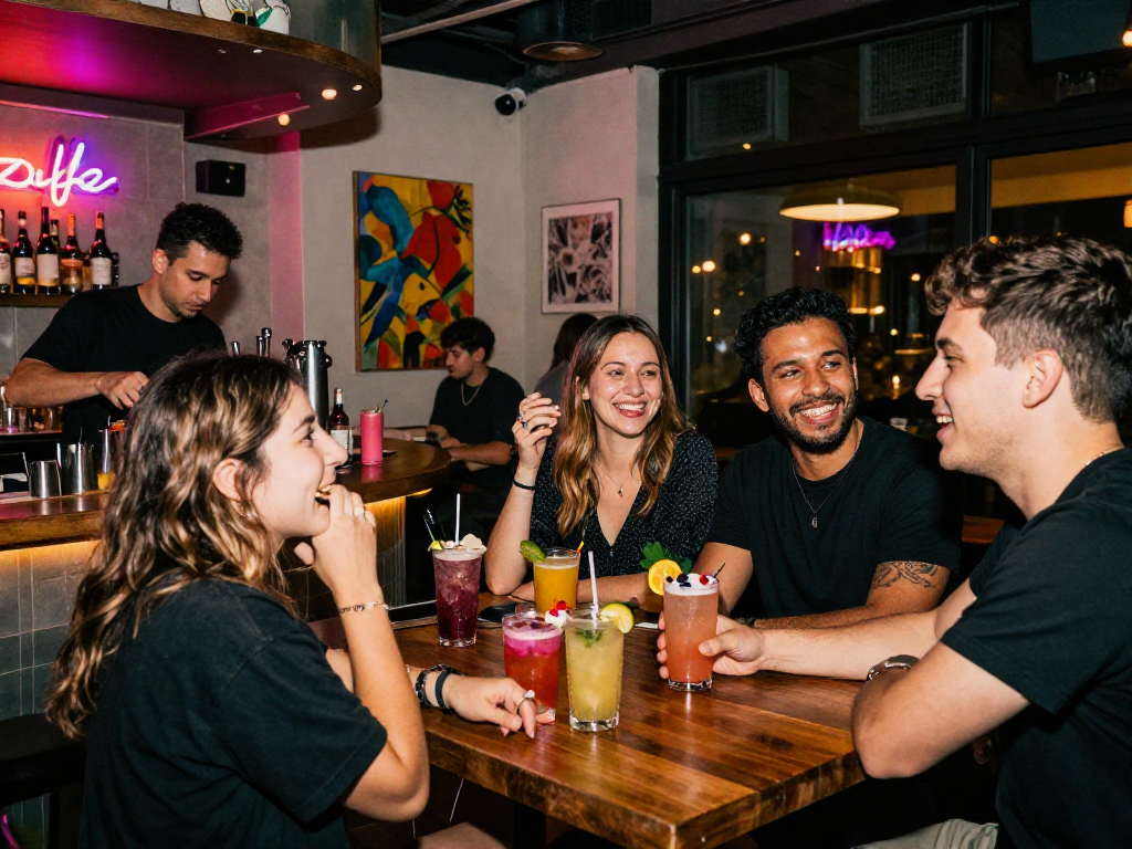 Gái gọi đang thưởng thức không khí buổi tối tại quán bar sôi động.