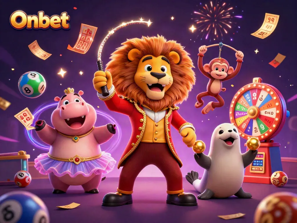 Onbet showcases a vibrant 3D circus scene filled with energy, lottery games, and excitement.