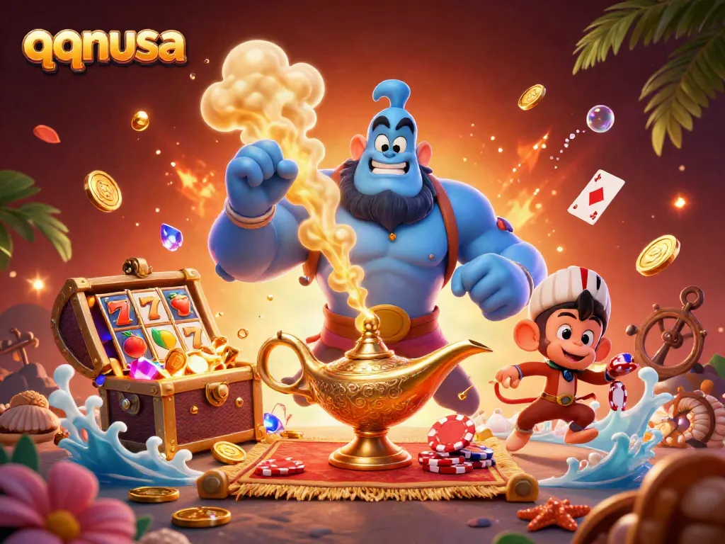 Experience qqnusa with a vibrant 3D casino-themed illustration featuring a genie and gaming elements.