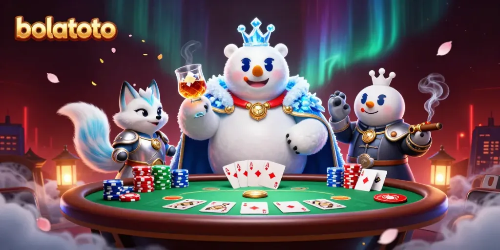 Win at bolatoto with a 3D cartoon polar bear and snow fox amid vibrant gambling elements.