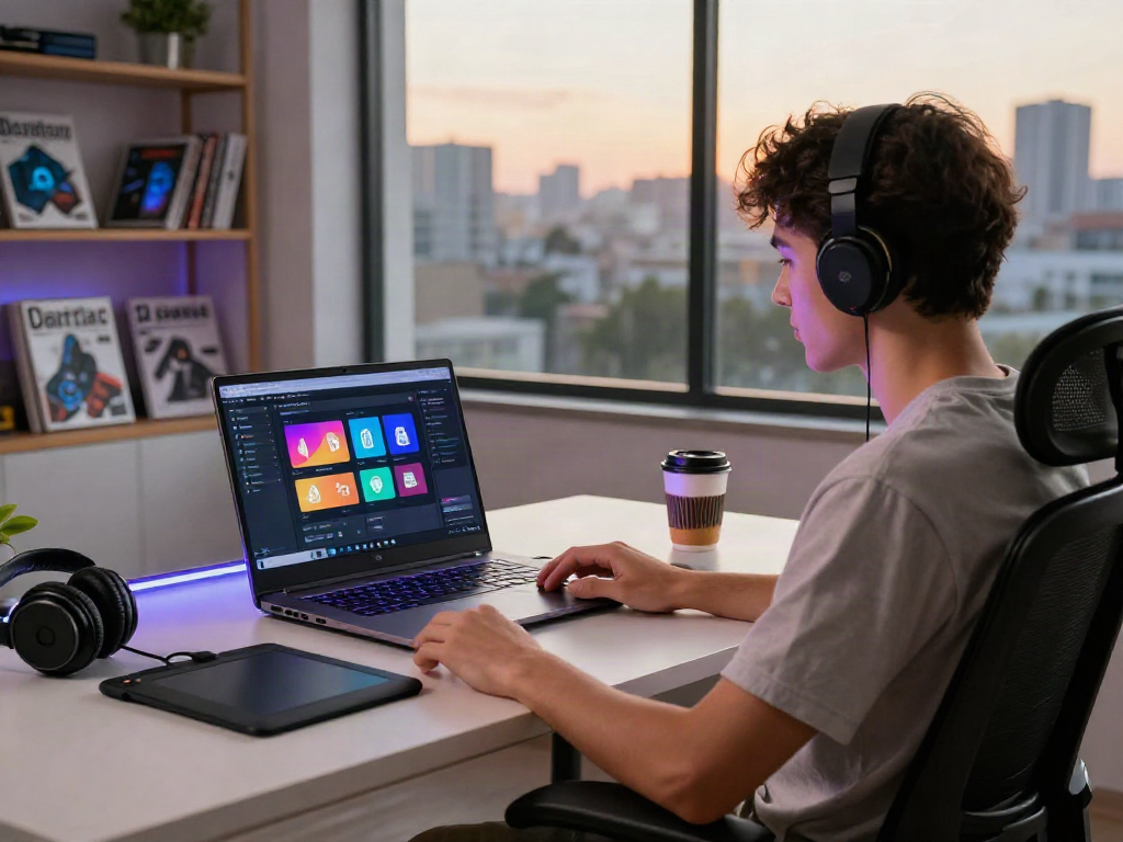 Pikashow apk download showcased on a gaming laptop in a vibrant workspace with tech accessories and city views.