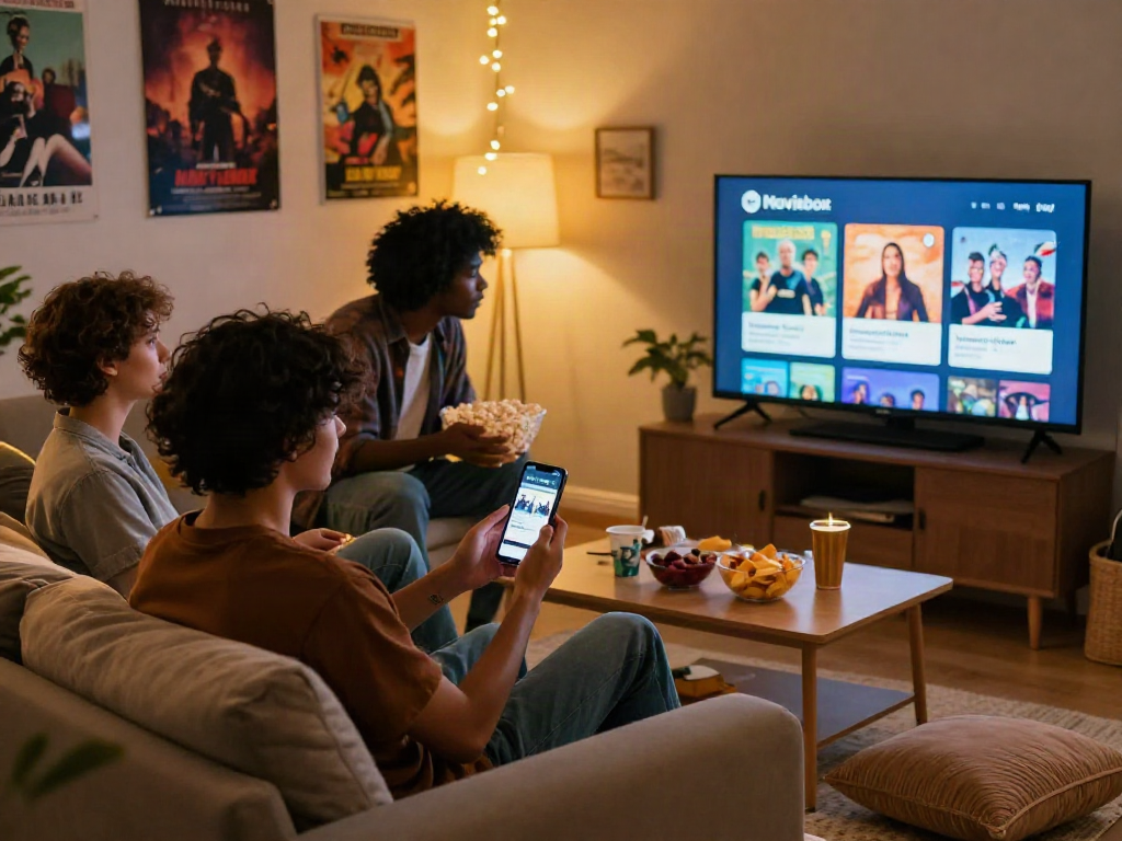 Friends preparing to enjoy a movie night with the Moviebox app download on their smartphones.