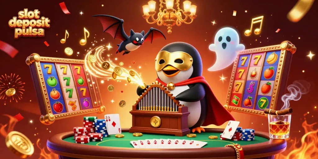 Experience the thrill of slot deposit pulsa with a vibrant 3D illustration of a casino scene filled with animated characters and game elements.