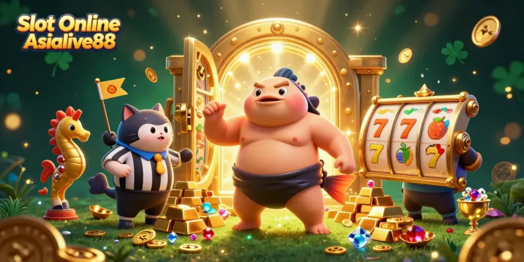 Engage with Slot Online Asialive88 featuring dynamic 3D characters amidst golden treasures and slot elements.