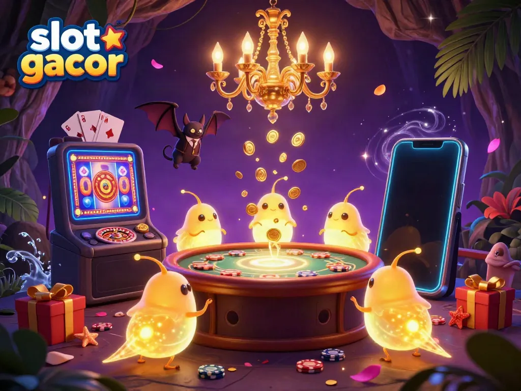 Experience slot gacor excitement with glowing glowworms lighting a vibrant cave casino scene full of games.