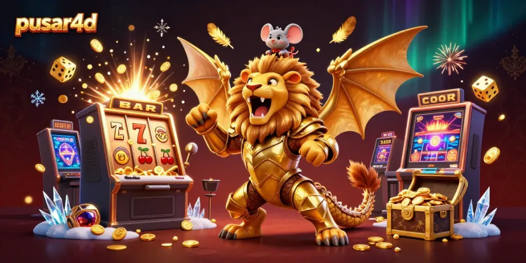 Engage with pusar4d's thrilling slots featuring a roaring chimera creature in a vibrant, gold-filled casino scene.
