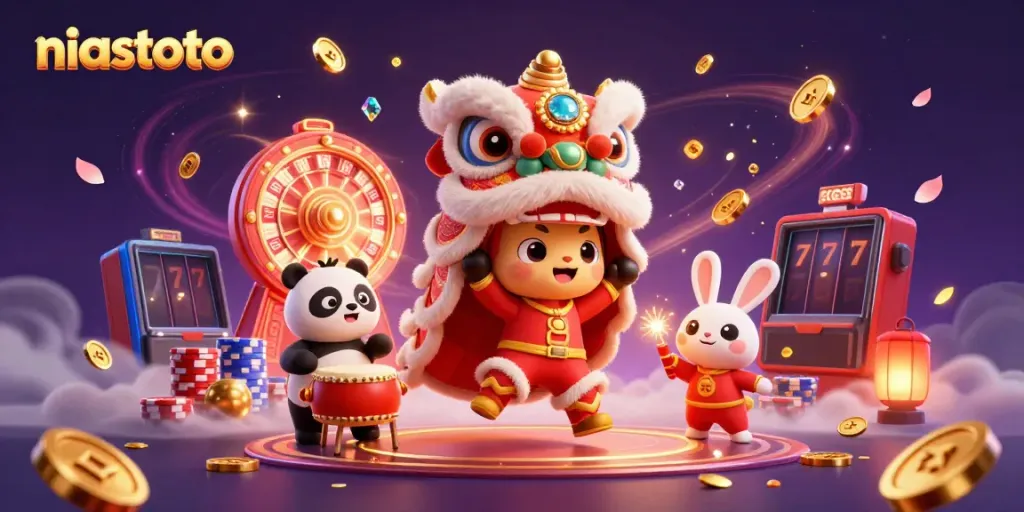 Engage in vibrant entertainment with niastoto featuring a lion dance, coins, and roulette.