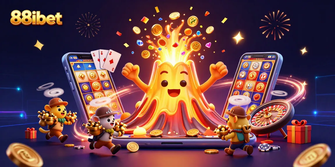 Experience excitement with 88ibet as golden eruptions of coins and treasures fill the scene of a digital casino adventure.