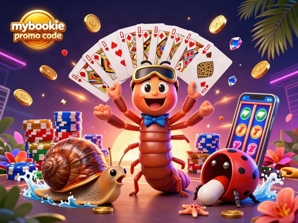 Experience excitement with the mybookie promo code in a vibrant casino illustration featuring colorful characters and game elements.