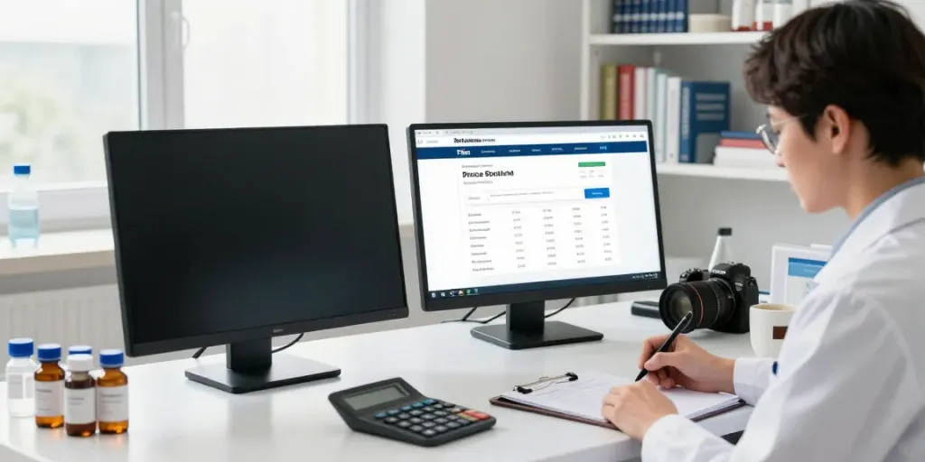 Researcher analyzing peptide prices on peptideprice/store in a modern workspace.