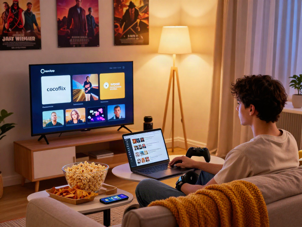 The cocoflix app in use during a cozy movie night with snacks, TV, and vibrant lights.