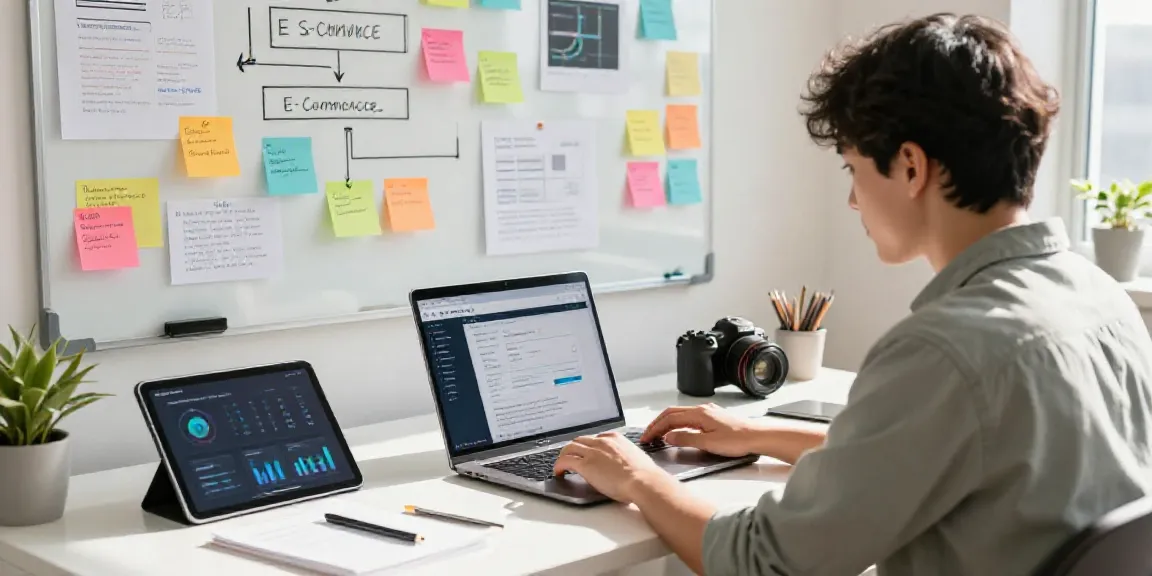 AI content writer for ecommerce businesses in a creative workspace, showcasing innovative tools and product analytics.