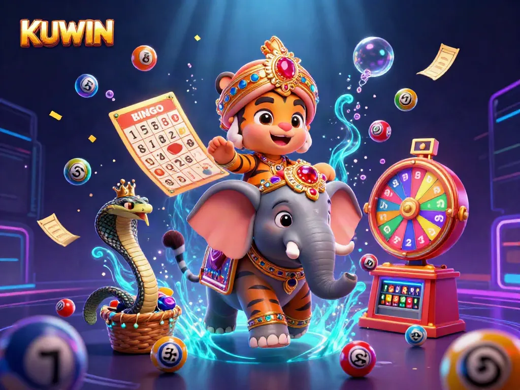 Experience the thrill of KUWIN with our vibrant casino adventure featuring a maharaja tiger and lively game elements.