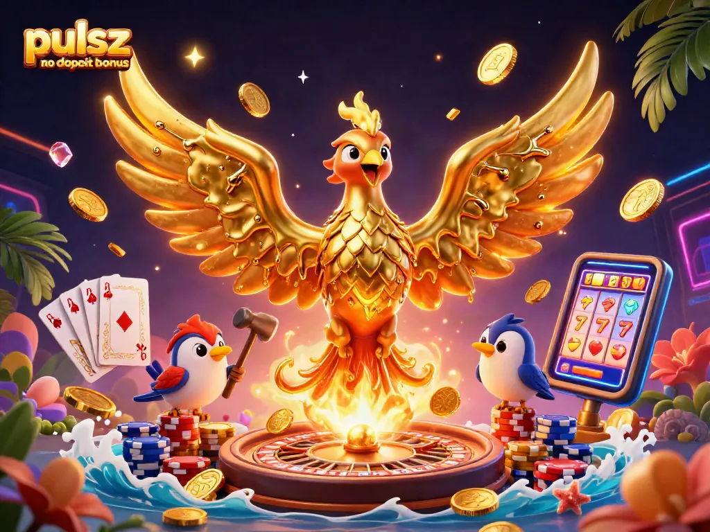 Engage with the Pulsz no deposit bonus featuring golden coins and vibrant casino elements for endless fun.