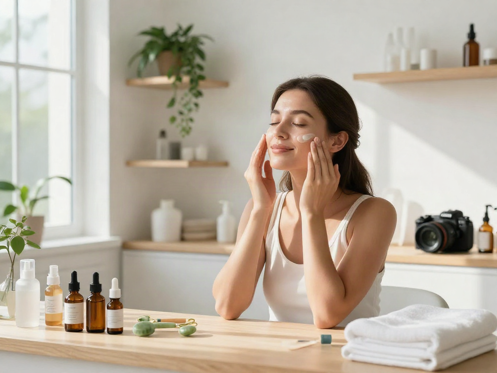 Woman applying glow peptides skincare serum in a bright wellness studio