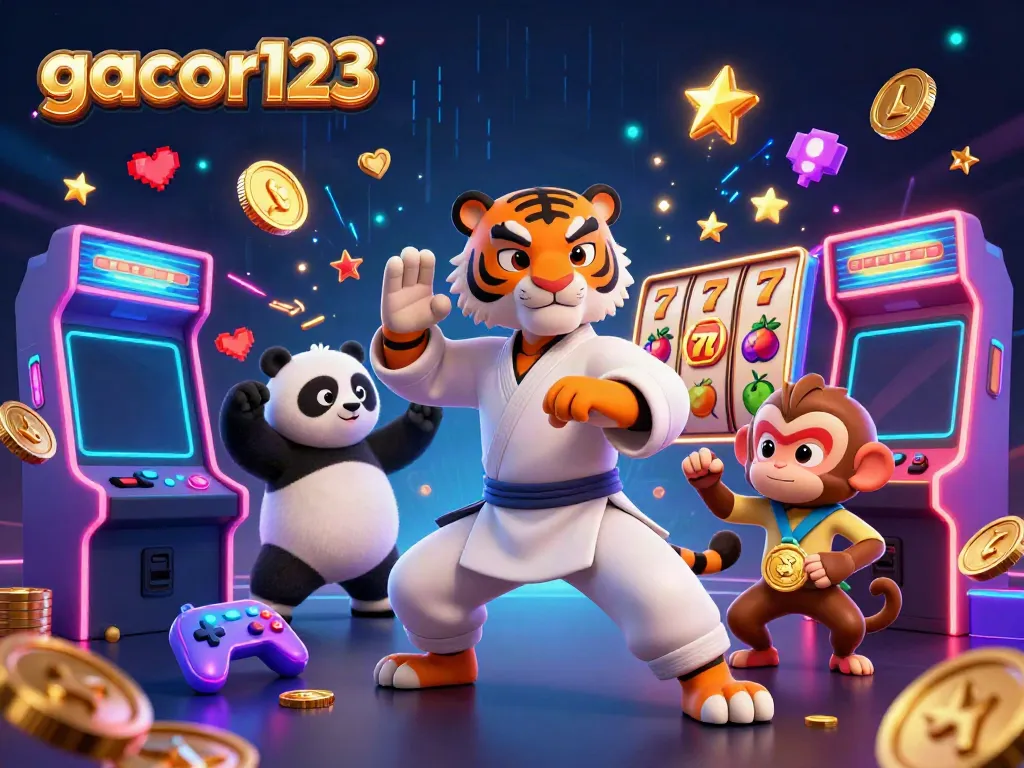 Gacor123 showcases winning strategies with a kung fu tiger master amid colorful slot machines.